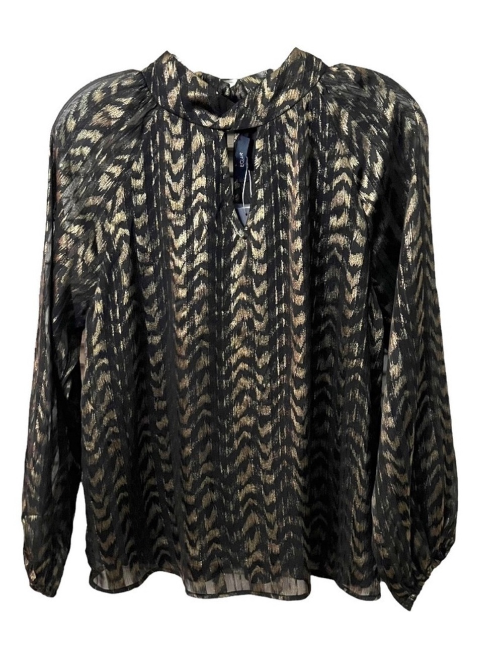 Eclair Metallic Black & Gold Zigzag Keyhole Twist Neck Blouse Size Small New